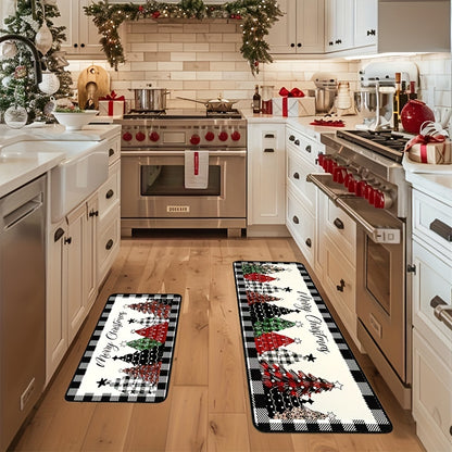 2-Pack Christmas Kitchen Rugs Set - Non-Slip Polyester with Rubber Backing, Farmhouse Style, Machine Washable, Christmas Tree Design, Rectangular Floor Mats for Kitchen Decor (15.75inch x 23.62inch & 15.75inch x 47.24inch)