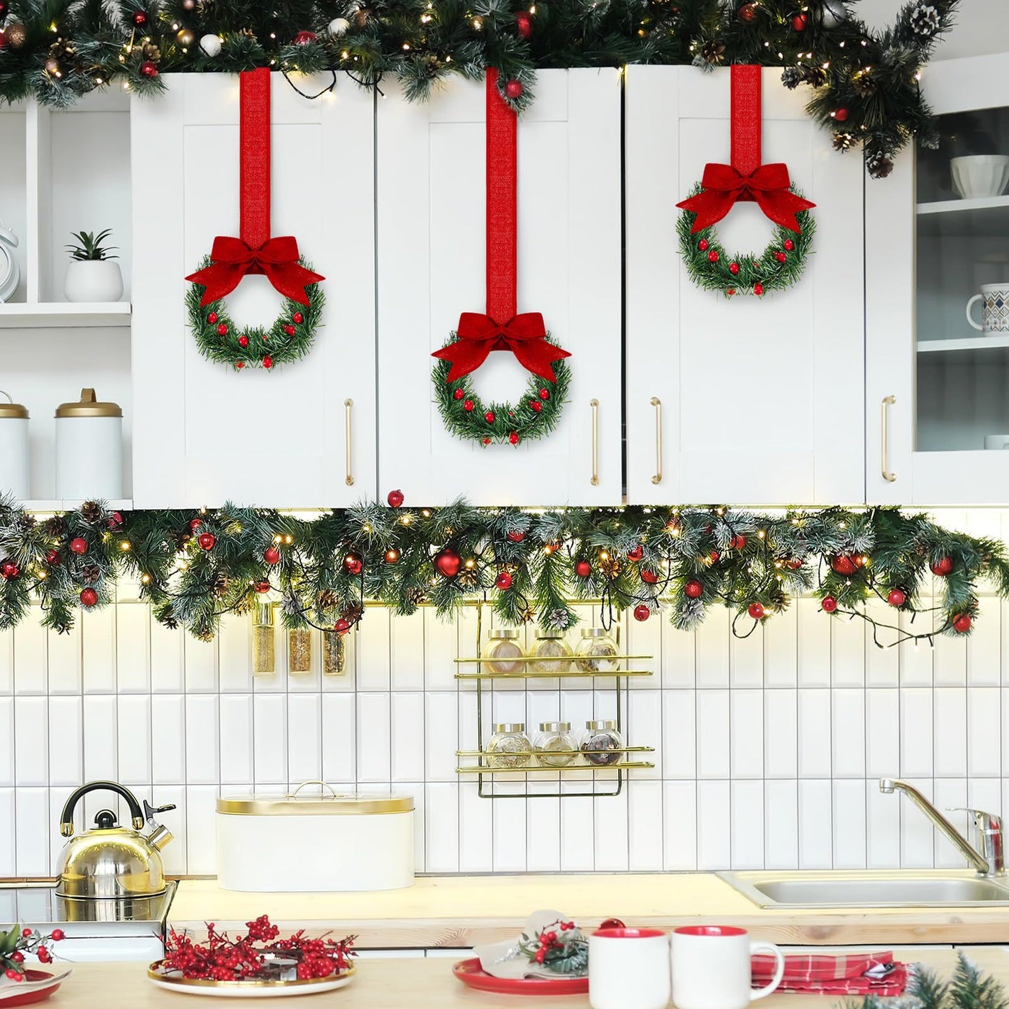 12pcs 21.7*5.12inches Christmas Wreath with Simulation Pine And Bowknot Silk Ribbon Christmas Garland for Stair Fireplace Decoration Christmas Home Wreath