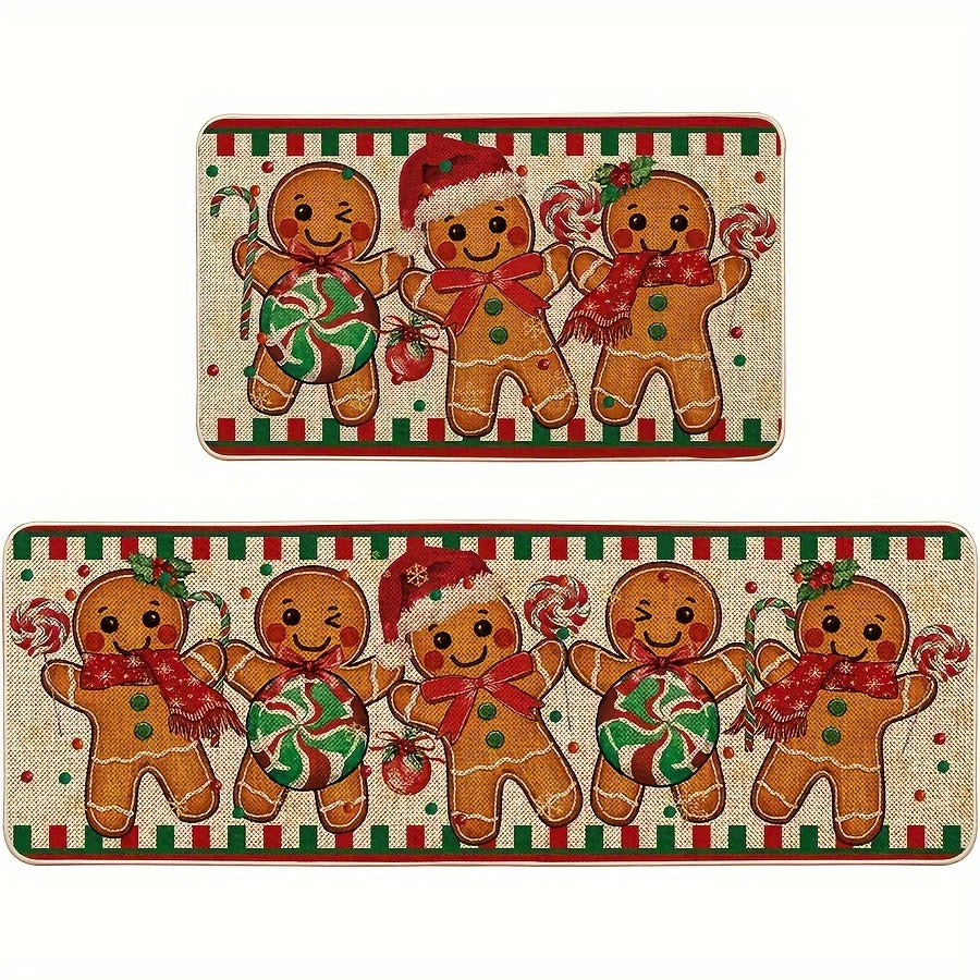 2pcs Gingerbread Candy Cane Christmas Kitchen Mats, Non-Slip Polyester with Rubber Backing, Rectangular Holiday Home Decor, Machine Washable, 15.75inch*23.62inch\u002F15.75inch*47.24inch, Festive Kitchen Carpet for Winter Decor