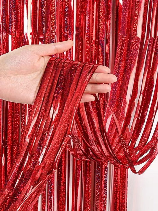 1pc Party Decorative Background Curtain, Metallic Red Plastic Tassel Curtain, Rain Curtain Decoration Backdrop, For Party,Christmas Red