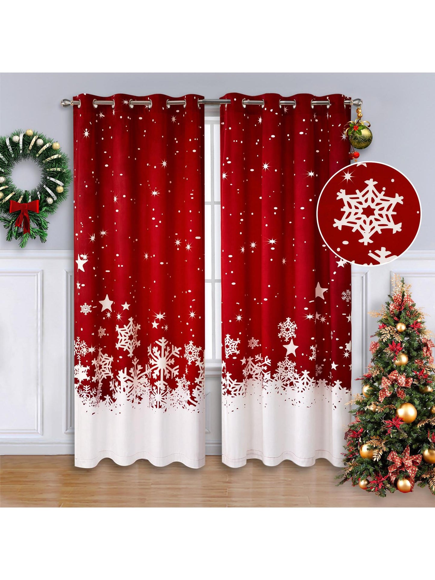 Christmas Curtains for Living Room, Red Velvet Long Window Curtains, Floral Snowflake Decoration Curtains, Thermal Insulated Room Darkening Curtains,  2/4 Panels Set Red