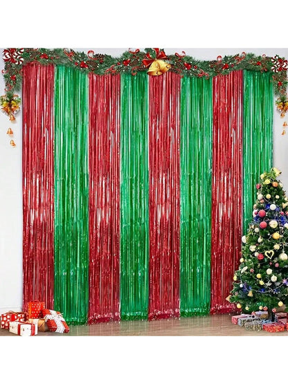 1pc Red-Green Ombre Rain Silk Backdrop Curtain, Christmas Holiday Party Decorative Item For Wall/Scene Atmosphere,Christmas red green