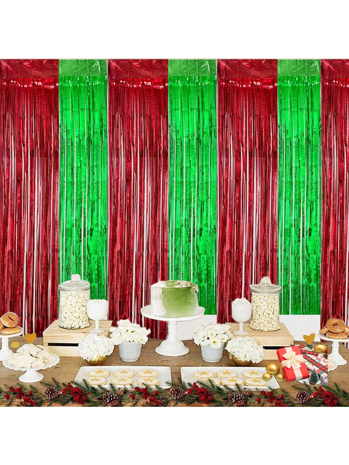 1pc Red-Green Ombre Rain Silk Backdrop Curtain, Christmas Holiday Party Decorative Item For Wall/Scene Atmosphere,Christmas red green