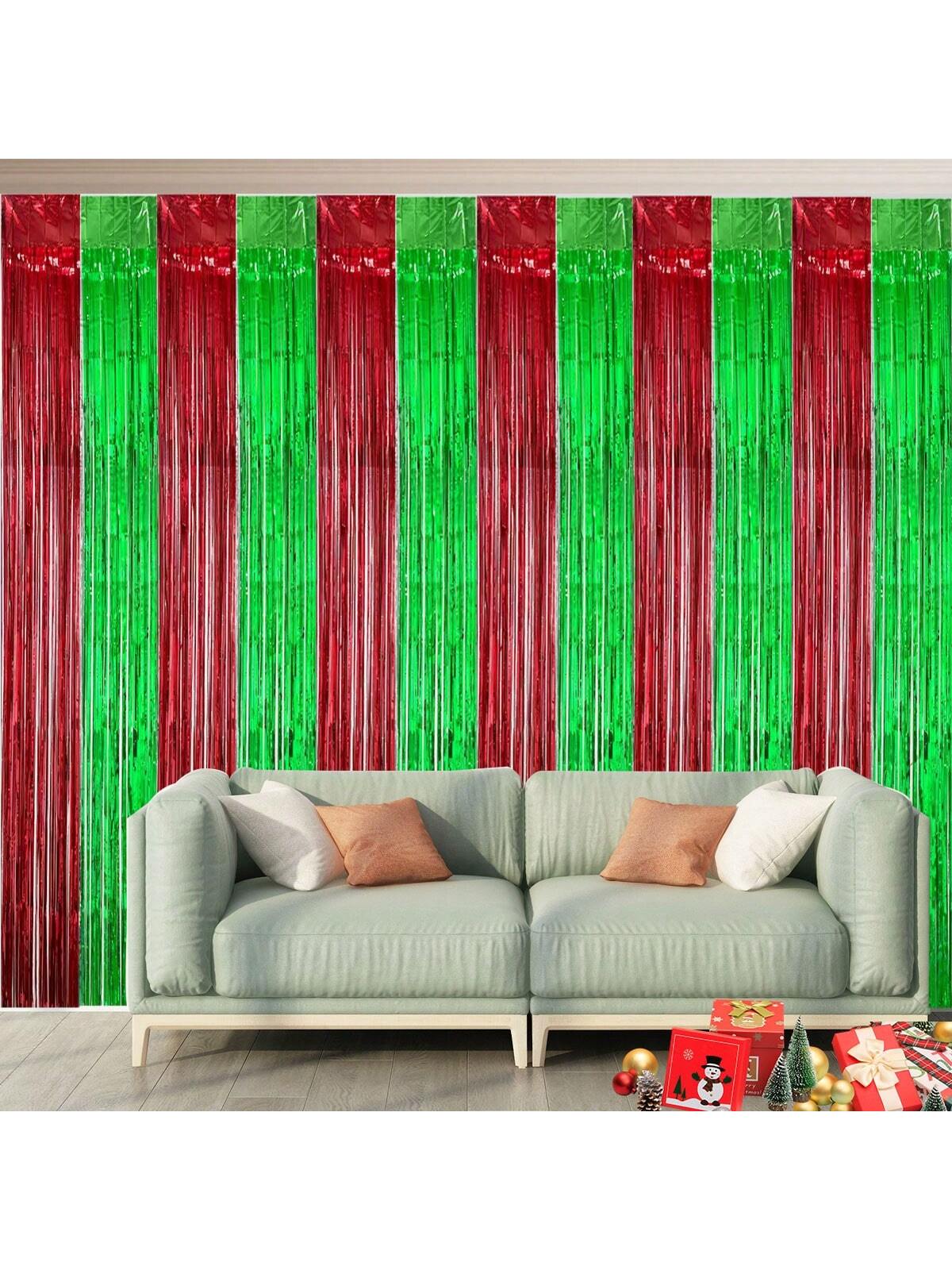 1pc Red-Green Ombre Rain Silk Backdrop Curtain, Christmas Holiday Party Decorative Item For Wall/Scene Atmosphere,Christmas red green