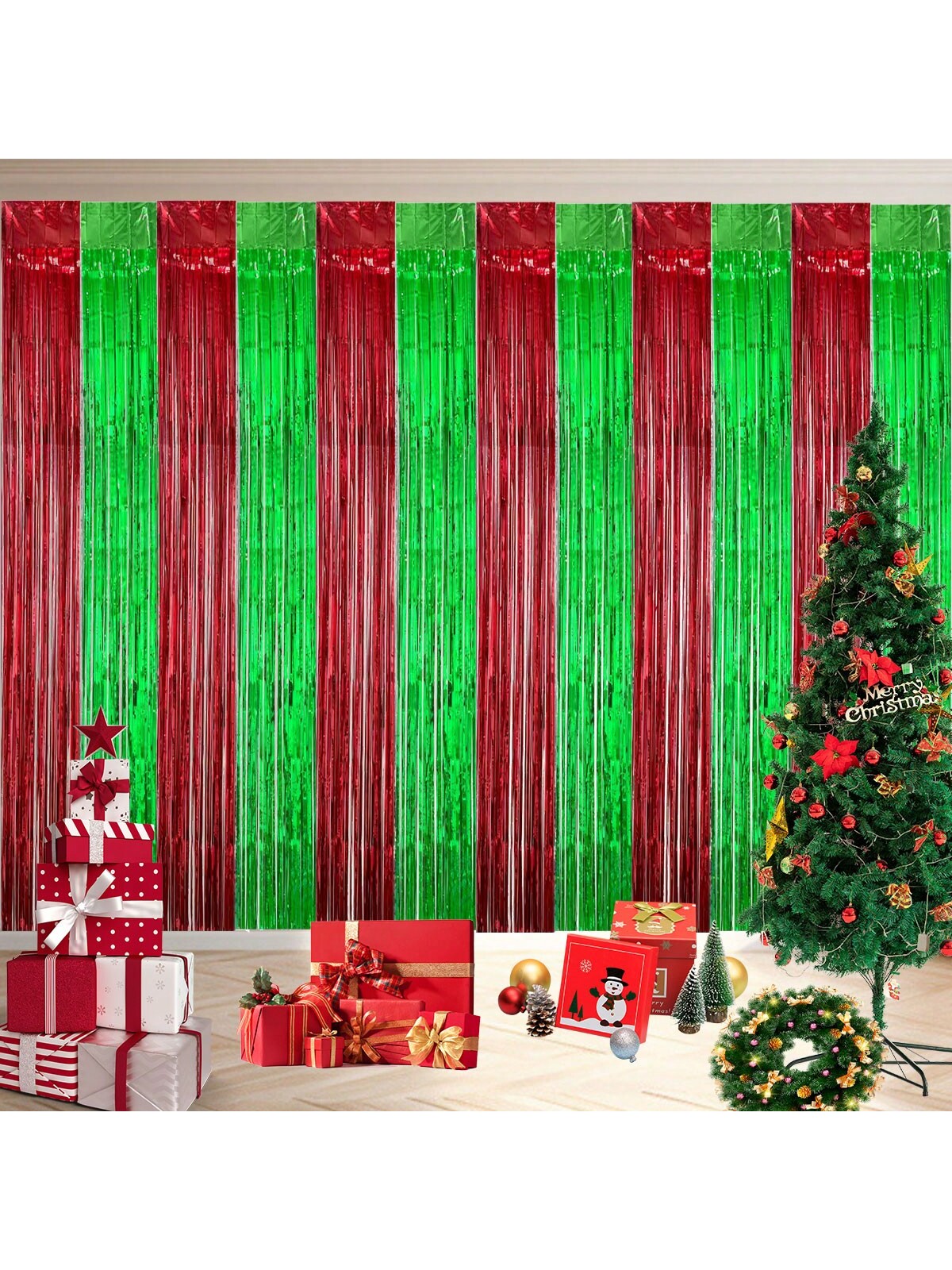 1pc Red-Green Ombre Rain Silk Backdrop Curtain, Christmas Holiday Party Decorative Item For Wall/Scene Atmosphere,Christmas red green