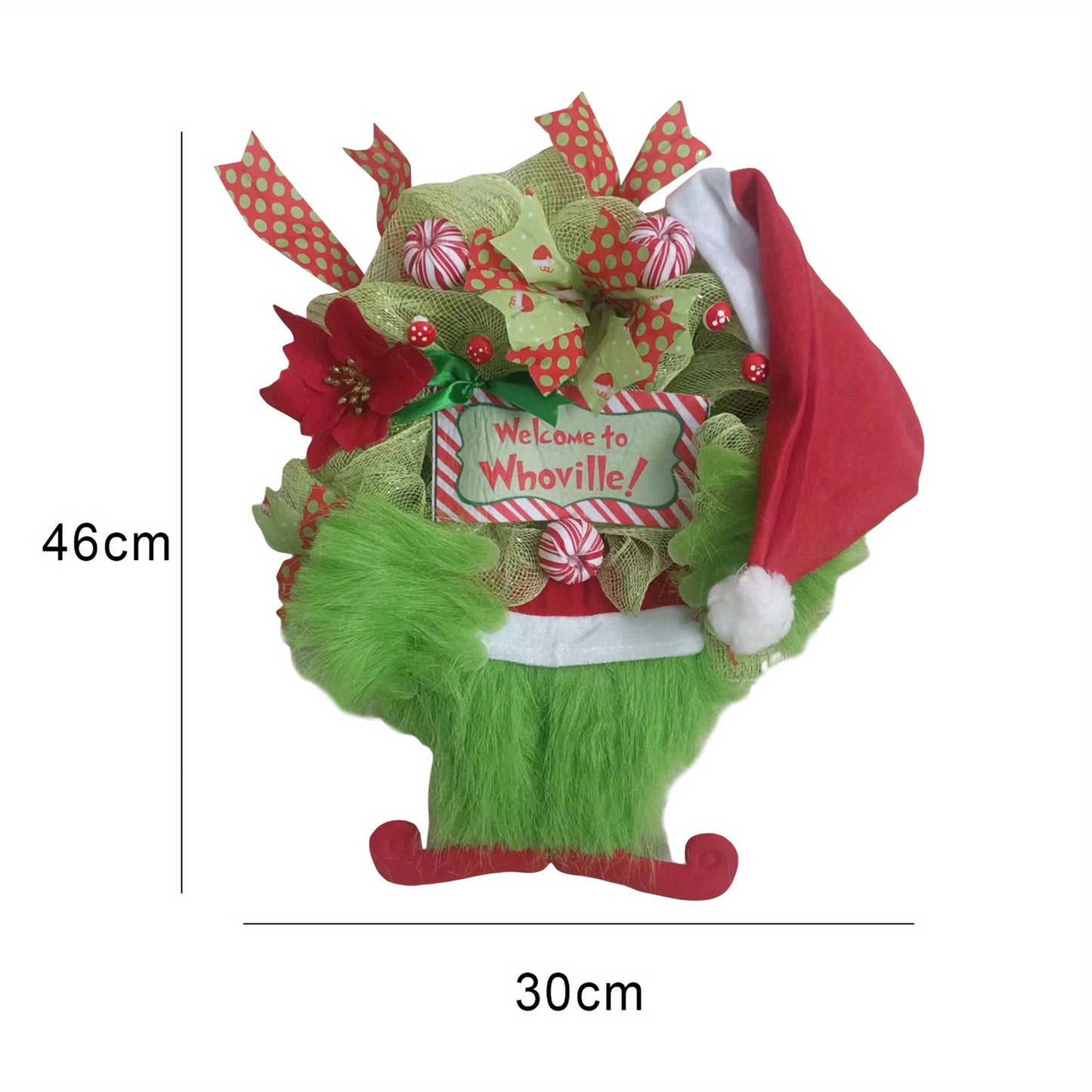 1pc Whoville Handcrafted Christmas Wreath - Door Mount Plastic Green Elf Thief Design with Welcome Sign, Festive Home Decor for Indoor\u002FOutdoor Use, No Electricity or Feathers Required