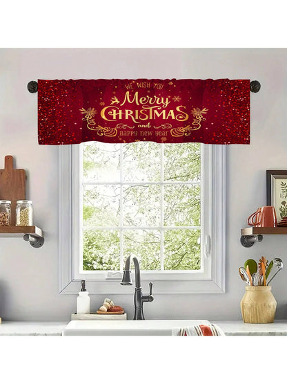 1pc Christmas Polyester Valance Christmas Curtain Head, Red Rod Pocket Pattern Curtain For Living Room Kitchen Holiday Christmas Decorations Cabinet Cafe Home Decor, 52*18in Red