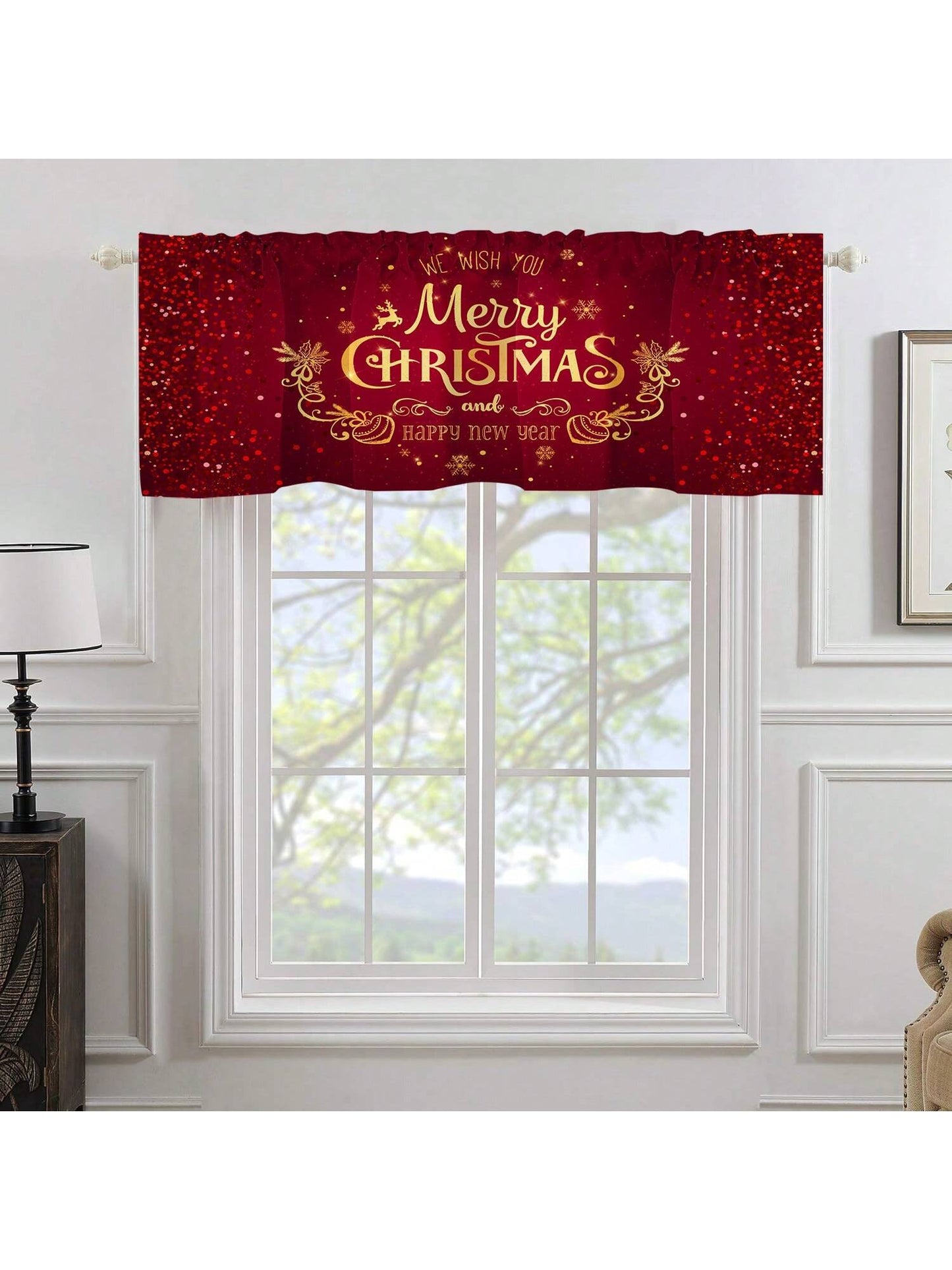 1pc Christmas Polyester Valance Christmas Curtain Head, Red Rod Pocket Pattern Curtain For Living Room Kitchen Holiday Christmas Decorations Cabinet Cafe Home Decor, 52*18in Red