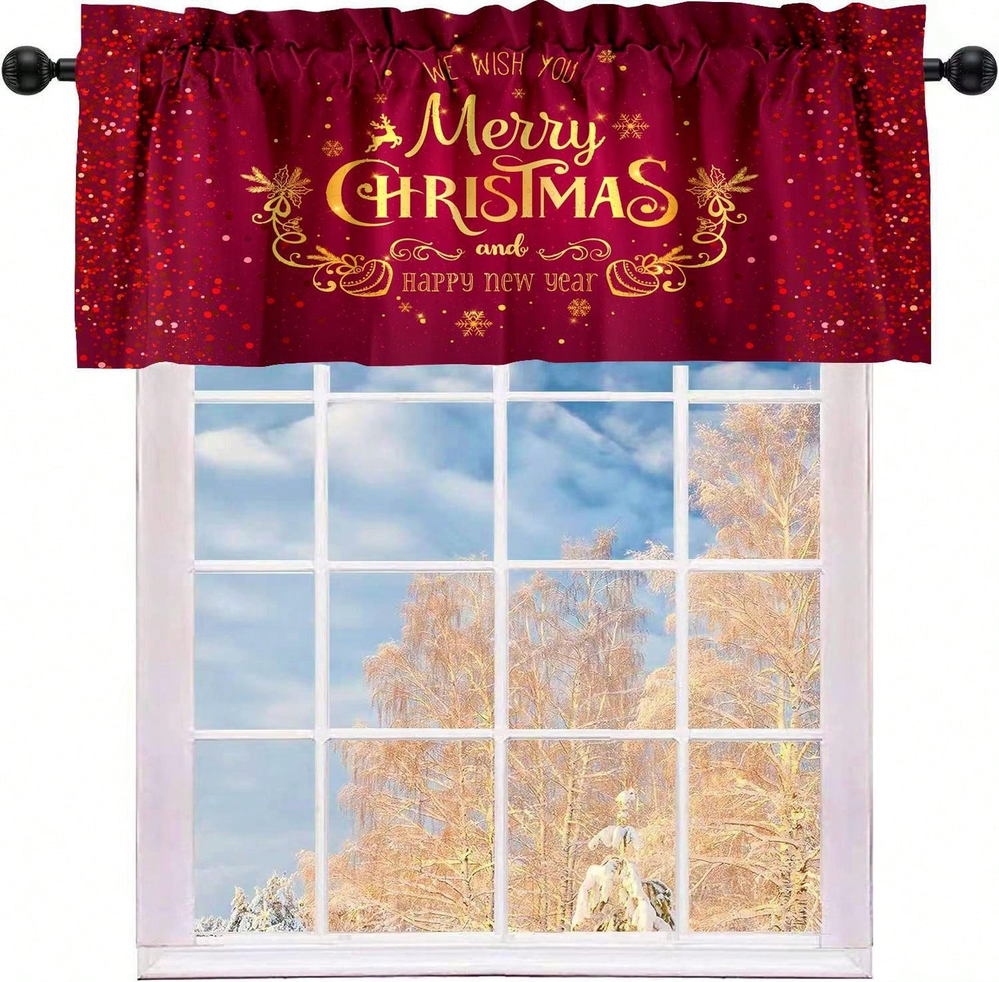 1pc Christmas Polyester Valance Christmas Curtain Head, Red Rod Pocket Pattern Curtain For Living Room Kitchen Holiday Christmas Decorations Cabinet Cafe Home Decor, 52*18in Red