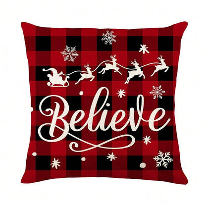 4 Pieces Of Christmas Pillowcase, Christmas Tree Truck, Black And Red Checkered Decoration, Linen Pillowcase, Winter Farmhouse Decor, Home Sofa, Single Side, No Pillow Core Red