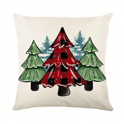 4 Pieces Of Christmas Pillowcase, Christmas Tree Truck, Black And Red Checkered Decoration, Linen Pillowcase, Winter Farmhouse Decor, Home Sofa, Single Side, No Pillow Core Red