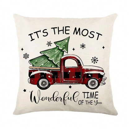 4 Pieces Of Christmas Pillowcase, Christmas Tree Truck, Black And Red Checkered Decoration, Linen Pillowcase, Winter Farmhouse Decor, Home Sofa, Single Side, No Pillow Core Red