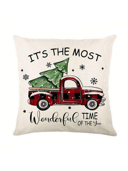 4 Pieces Of Christmas Pillowcase, Christmas Tree Truck, Black And Red Checkered Decoration, Linen Pillowcase, Winter Farmhouse Decor, Home Sofa, Single Side, No Pillow Core Red