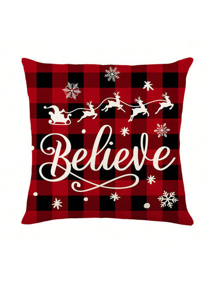 4 Pieces Of Christmas Pillowcase, Christmas Tree Truck, Black And Red Checkered Decoration, Linen Pillowcase, Winter Farmhouse Decor, Home Sofa, Single Side, No Pillow Core Red