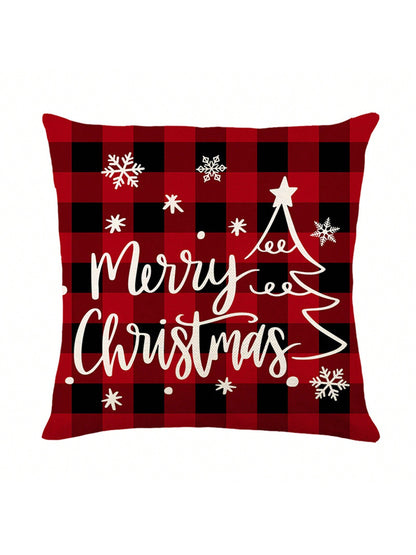 4 Pieces Of Christmas Pillowcase, Christmas Tree Truck, Black And Red Checkered Decoration, Linen Pillowcase, Winter Farmhouse Decor, Home Sofa, Single Side, No Pillow Core Red