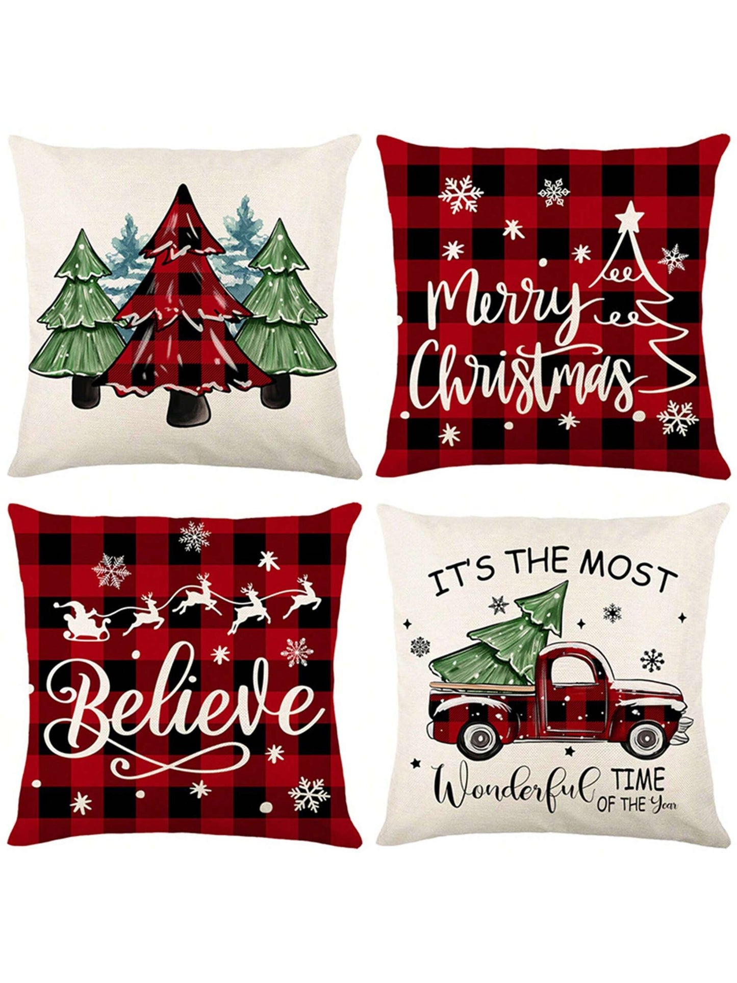 4 Pieces Of Christmas Pillowcase, Christmas Tree Truck, Black And Red Checkered Decoration, Linen Pillowcase, Winter Farmhouse Decor, Home Sofa, Single Side, No Pillow Core Red