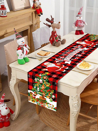 1pc Christmas Tree Design Christmas Table Runner, Polyester Tablecloth Black And Red Plaid Table Cover Table Runner For Christmas Party Decoration For Family Winter Holiday Room Decor,Christmas Christmas Tree and Santa Claus