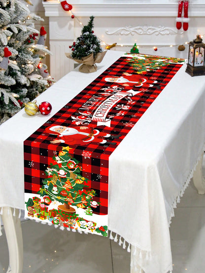 1pc Christmas Tree Design Christmas Table Runner, Polyester Tablecloth Black And Red Plaid Table Cover Table Runner For Christmas Party Decoration For Family Winter Holiday Room Decor,Christmas Christmas Tree and Santa Claus