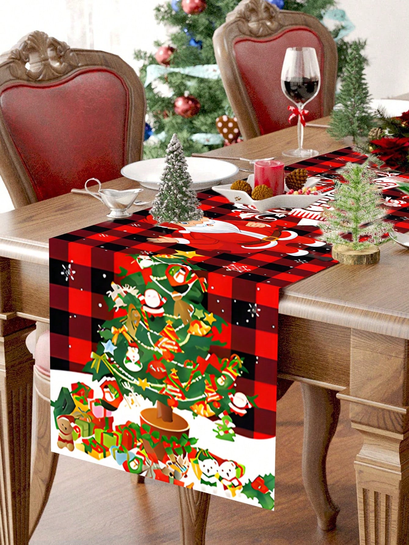 1pc Christmas Tree Design Christmas Table Runner, Polyester Tablecloth Black And Red Plaid Table Cover Table Runner For Christmas Party Decoration For Family Winter Holiday Room Decor,Christmas Christmas Tree and Santa Claus