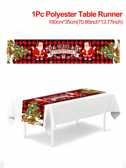 1pc Christmas Tree Design Christmas Table Runner, Polyester Tablecloth Black And Red Plaid Table Cover Table Runner For Christmas Party Decoration For Family Winter Holiday Room Decor,Christmas Christmas Tree and Santa Claus