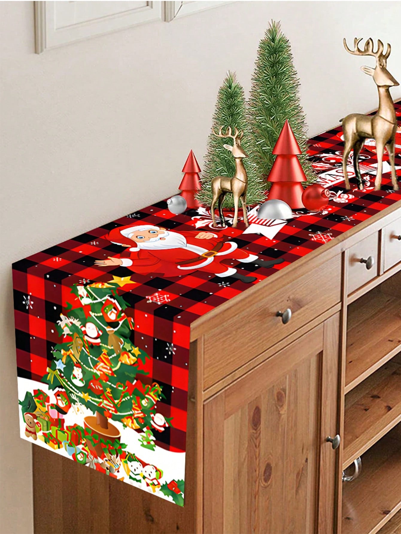 1pc Christmas Tree Design Christmas Table Runner, Polyester Tablecloth Black And Red Plaid Table Cover Table Runner For Christmas Party Decoration For Family Winter Holiday Room Decor,Christmas Christmas Tree and Santa Claus