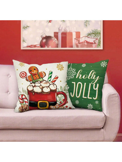 4pcs Merry Christmas Hot Cocoa Decoration Pillowcase Red Green Christmas Snowman Gingerbread Man Porch Outdoor Home Decoration, Holly Happy Snowflake Holiday Sofa Cushion Cover Single Sided No Pillow Core Red, White and Green