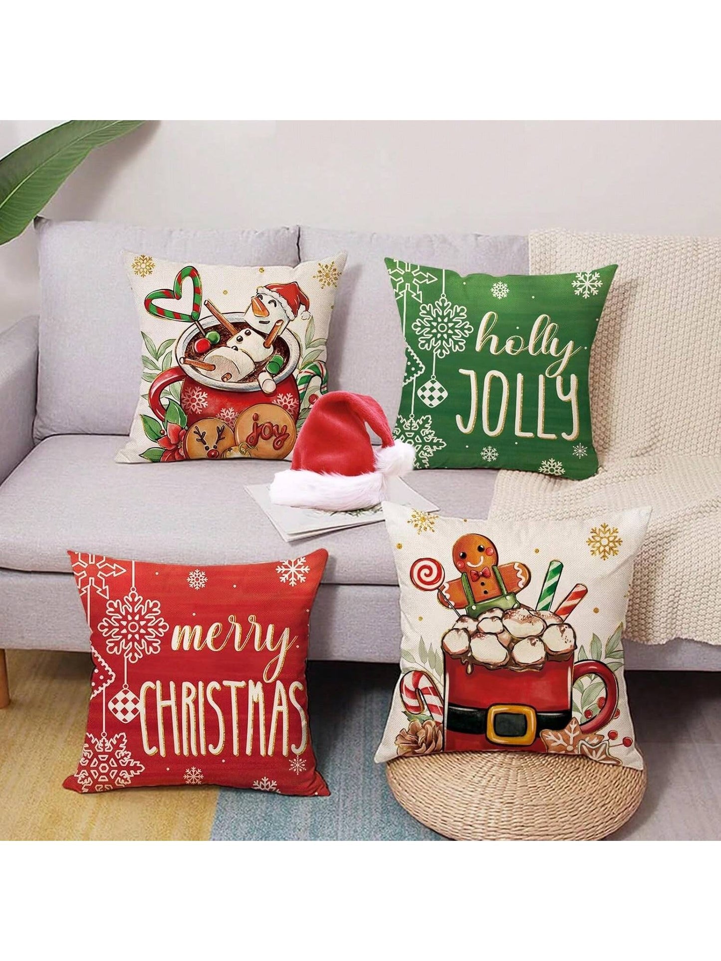 4pcs Merry Christmas Hot Cocoa Decoration Pillowcase Red Green Christmas Snowman Gingerbread Man Porch Outdoor Home Decoration, Holly Happy Snowflake Holiday Sofa Cushion Cover Single Sided No Pillow Core Red, White and Green