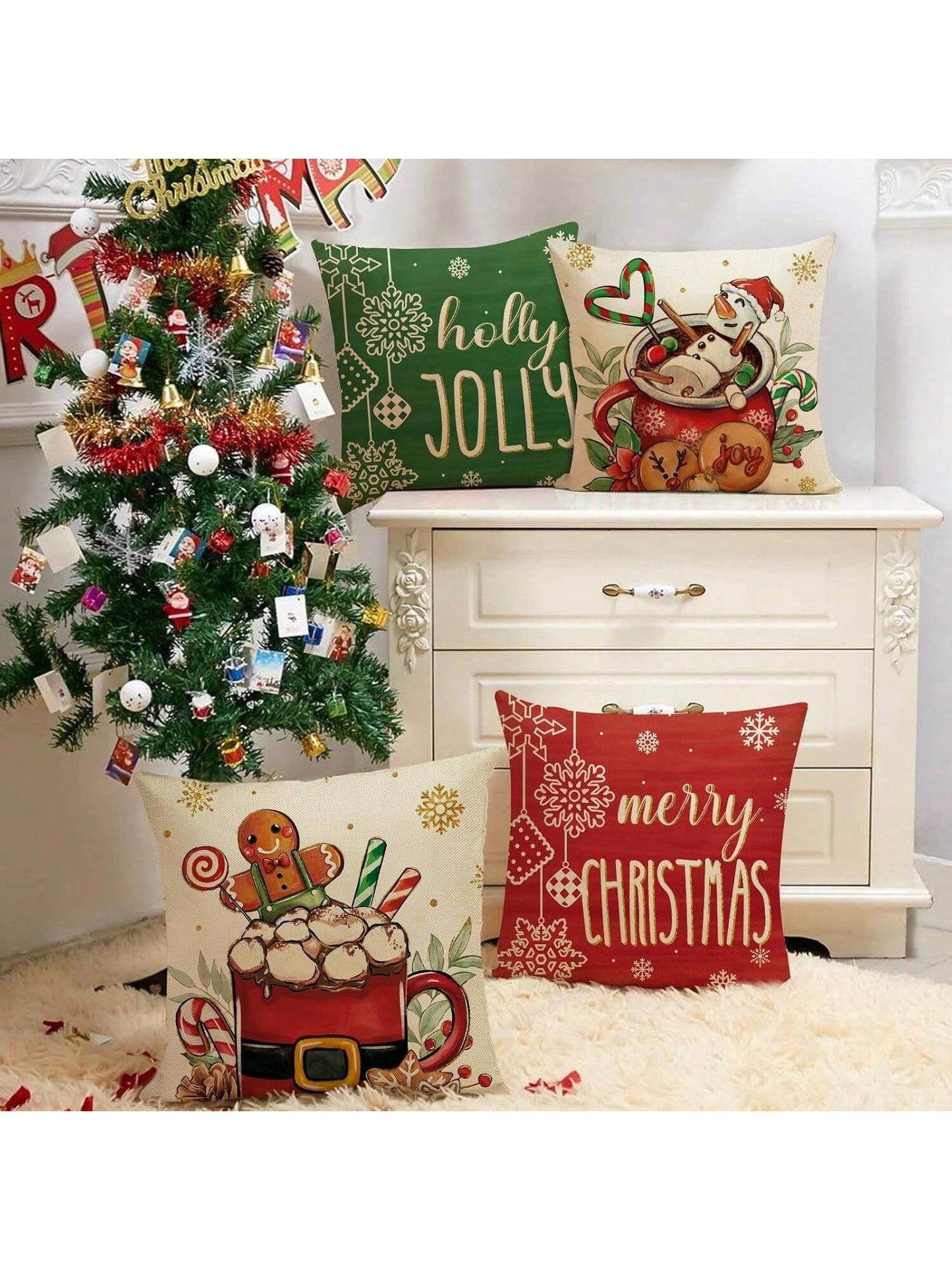 4pcs Merry Christmas Hot Cocoa Decoration Pillowcase Red Green Christmas Snowman Gingerbread Man Porch Outdoor Home Decoration, Holly Happy Snowflake Holiday Sofa Cushion Cover Single Sided No Pillow Core Red, White and Green