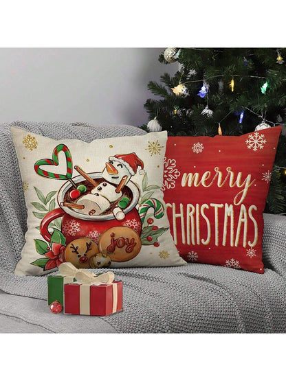 4pcs Merry Christmas Hot Cocoa Decoration Pillowcase Red Green Christmas Snowman Gingerbread Man Porch Outdoor Home Decoration, Holly Happy Snowflake Holiday Sofa Cushion Cover Single Sided No Pillow Core Red, White and Green