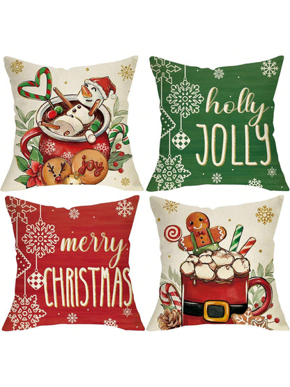 4pcs Merry Christmas Hot Cocoa Decoration Pillowcase Red Green Christmas Snowman Gingerbread Man Porch Outdoor Home Decoration, Holly Happy Snowflake Holiday Sofa Cushion Cover Single Sided No Pillow Core Red, White and Green