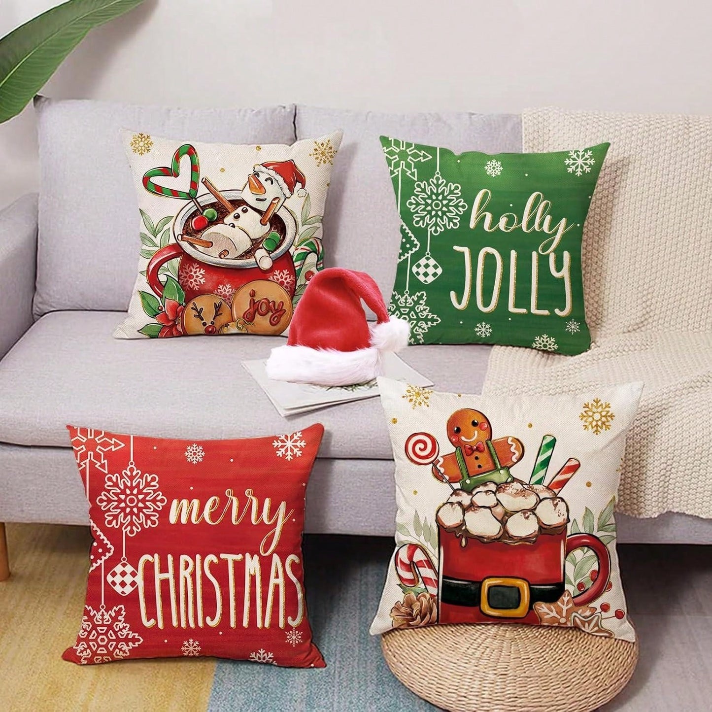 4pcs Merry Christmas Hot Cocoa Decoration Pillowcase Red Green Christmas Snowman Gingerbread Man Porch Outdoor Home Decoration, Holly Happy Snowflake Holiday Sofa Cushion Cover Single Sided No Pillow Core Red, White and Green