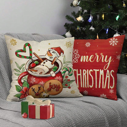 4pcs Merry Christmas Hot Cocoa Decoration Pillowcase Red Green Christmas Snowman Gingerbread Man Porch Outdoor Home Decoration, Holly Happy Snowflake Holiday Sofa Cushion Cover Single Sided No Pillow Core Red, White and Green