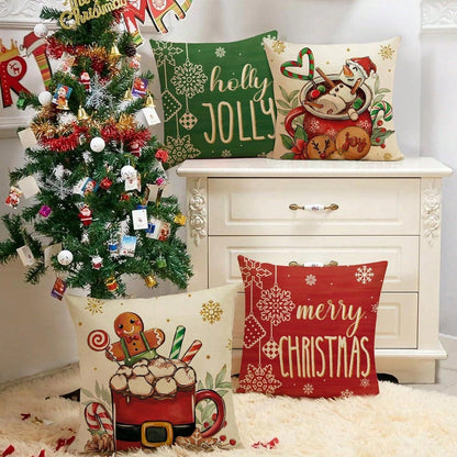 4pcs Merry Christmas Hot Cocoa Decoration Pillowcase Red Green Christmas Snowman Gingerbread Man Porch Outdoor Home Decoration, Holly Happy Snowflake Holiday Sofa Cushion Cover Single Sided No Pillow Core Red, White and Green