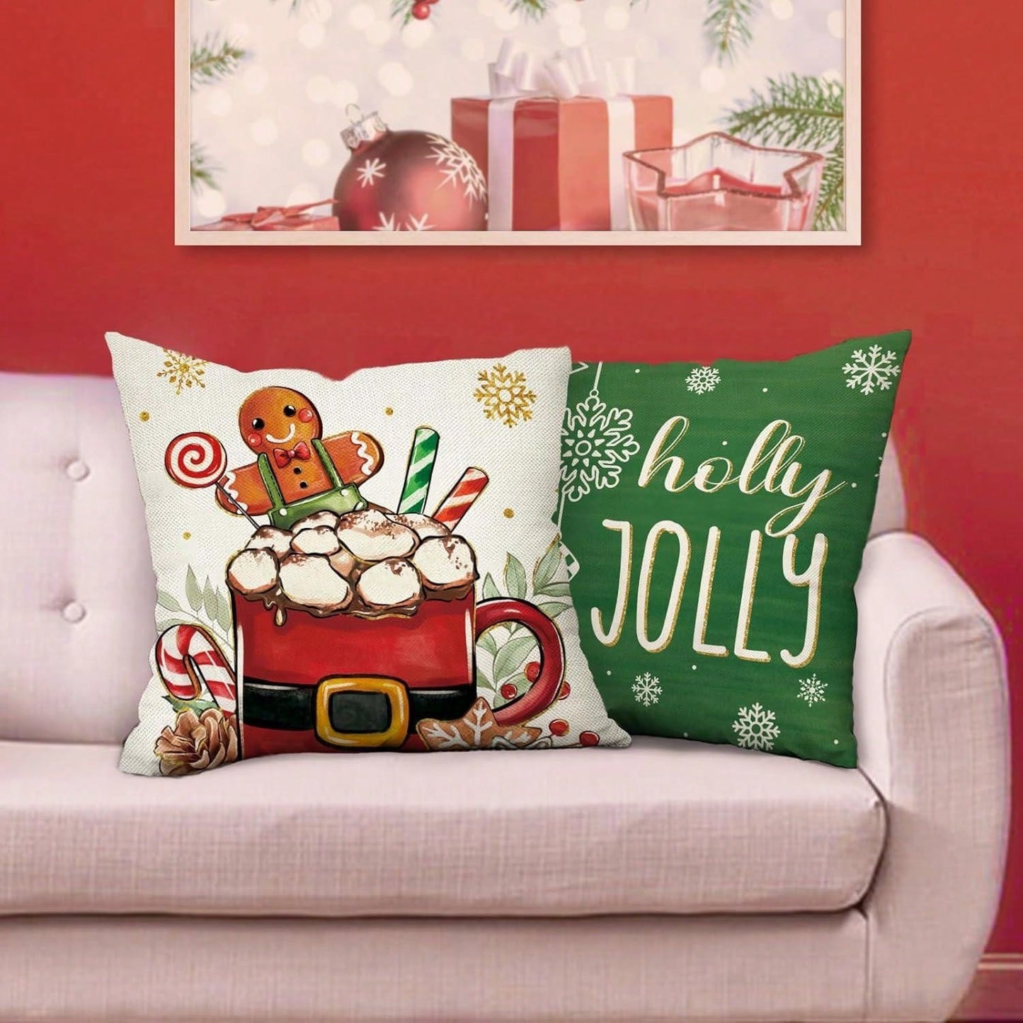 4pcs Merry Christmas Hot Cocoa Decoration Pillowcase Red Green Christmas Snowman Gingerbread Man Porch Outdoor Home Decoration, Holly Happy Snowflake Holiday Sofa Cushion Cover Single Sided No Pillow Core Red, White and Green