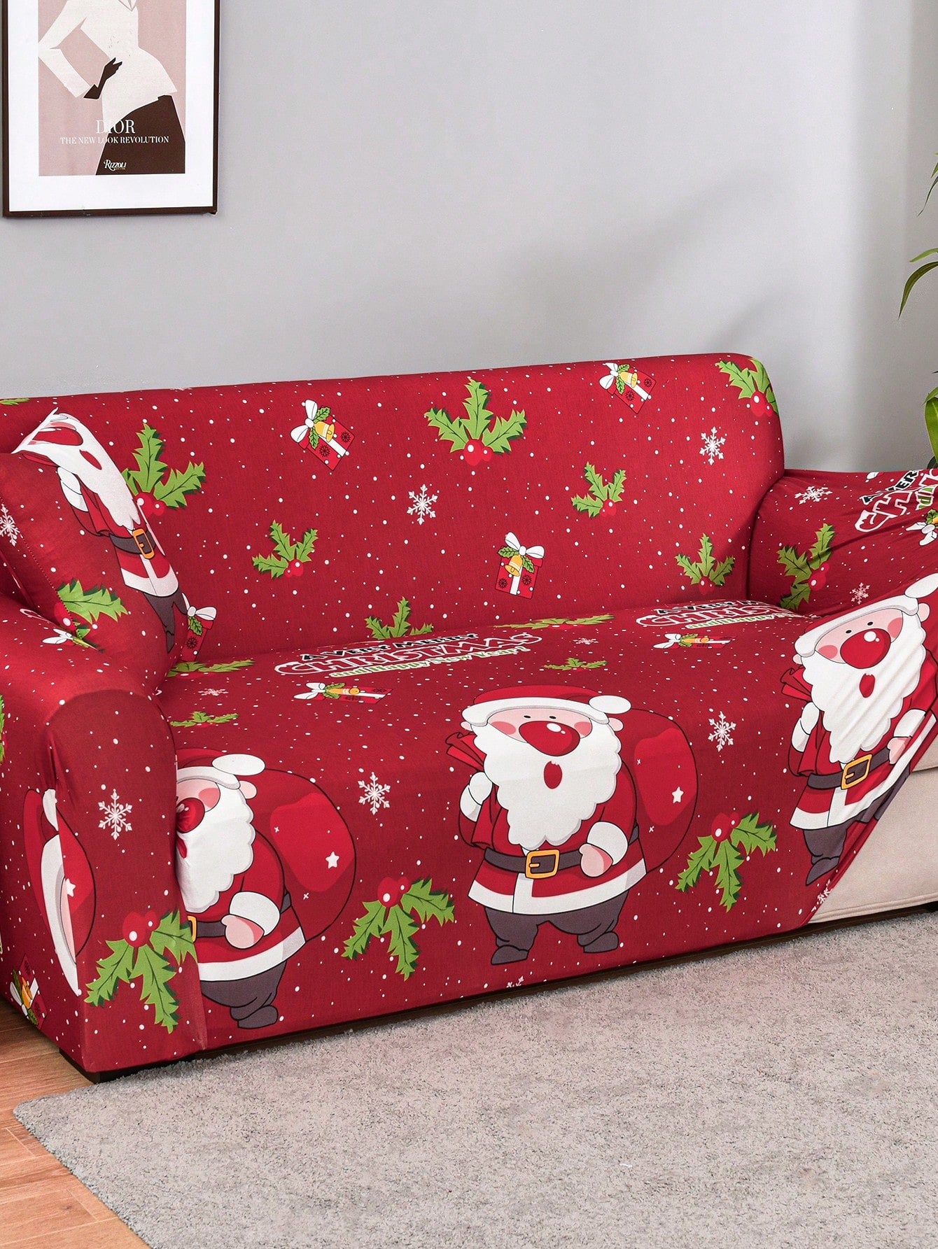 1pc Christmas Stretchable Full Coverage Sofa Cover, Modern Style Polyester Fabric, Machine Washable, Suitable For Christmas Decoration Red