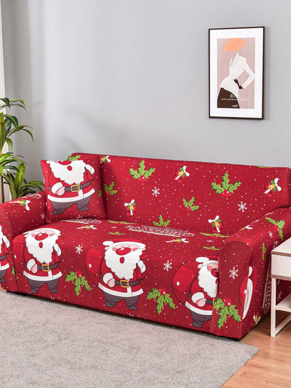 1pc Christmas Stretchable Full Coverage Sofa Cover, Modern Style Polyester Fabric, Machine Washable, Suitable For Christmas Decoration Red