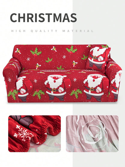 1pc Christmas Stretchable Full Coverage Sofa Cover, Modern Style Polyester Fabric, Machine Washable, Suitable For Christmas Decoration Red