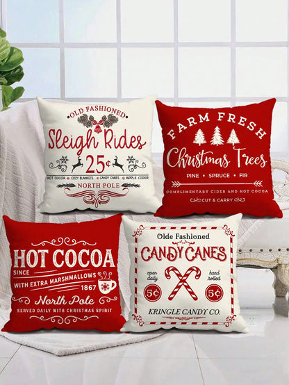 4pcs Christmas Pillowcase Xmas Gift Home Accessories Living Room Sofa Bedroom Contemporary Style Zipper Pillow Case Without Pillow Core Red and White