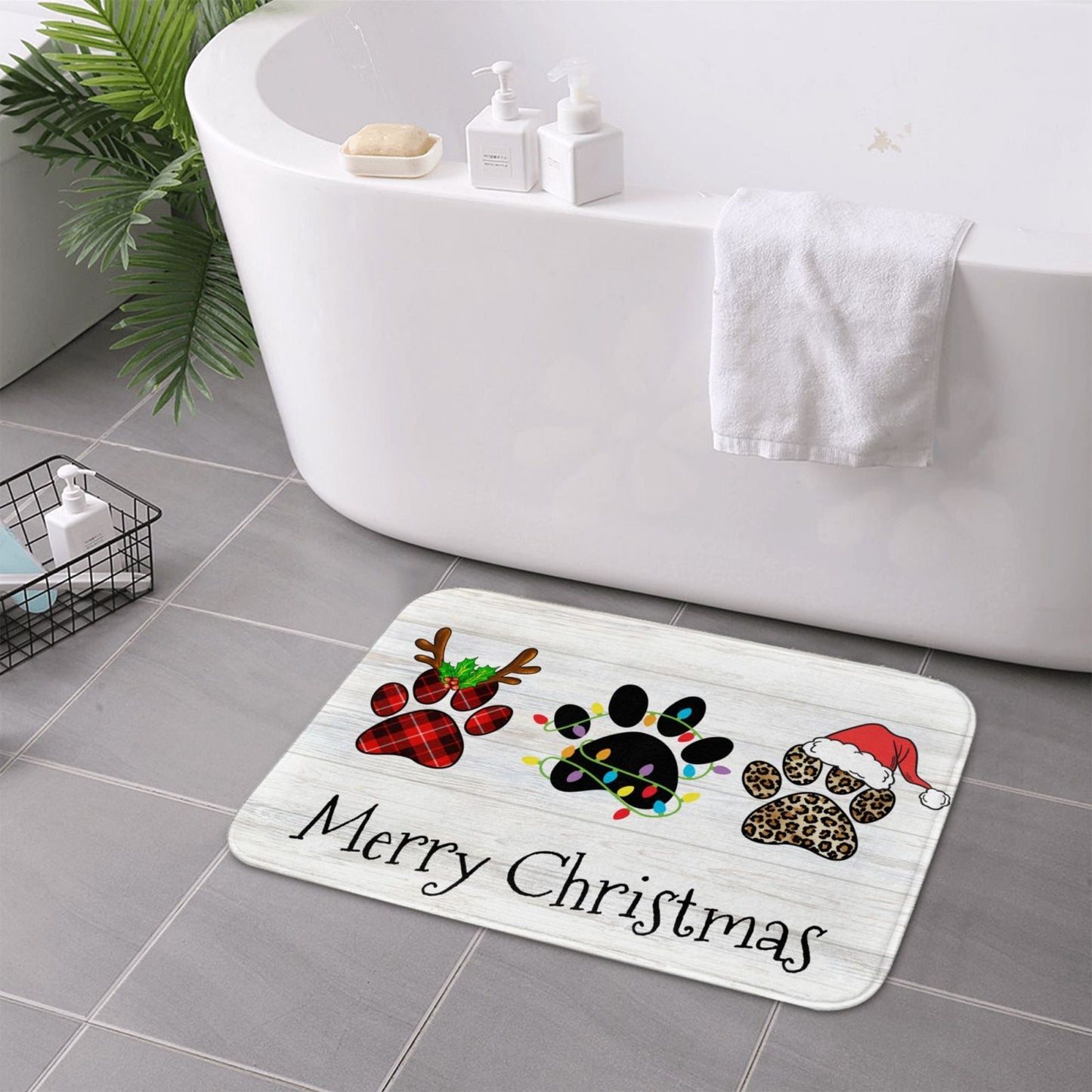 Christmas Floor Mat with Dog Paw, Antler, Santa Hat Design - Polyester, Non-Slip, Hand Wash, Indoor\u002FOutdoor Welcome Doormat for Holiday Decoration