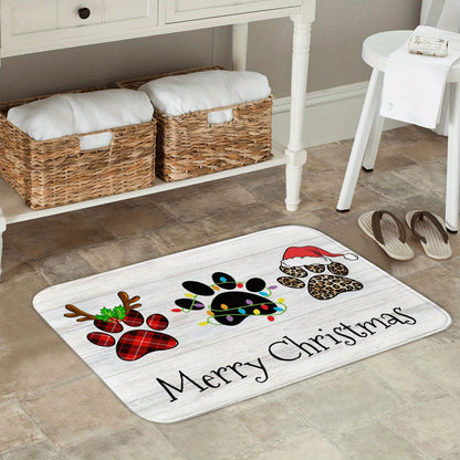 Christmas Floor Mat with Dog Paw, Antler, Santa Hat Design - Polyester, Non-Slip, Hand Wash, Indoor\u002FOutdoor Welcome Doormat for Holiday Decoration