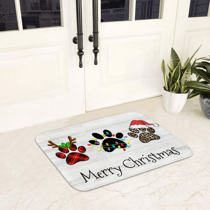 Christmas Floor Mat with Dog Paw, Antler, Santa Hat Design - Polyester, Non-Slip, Hand Wash, Indoor\u002FOutdoor Welcome Doormat for Holiday Decoration