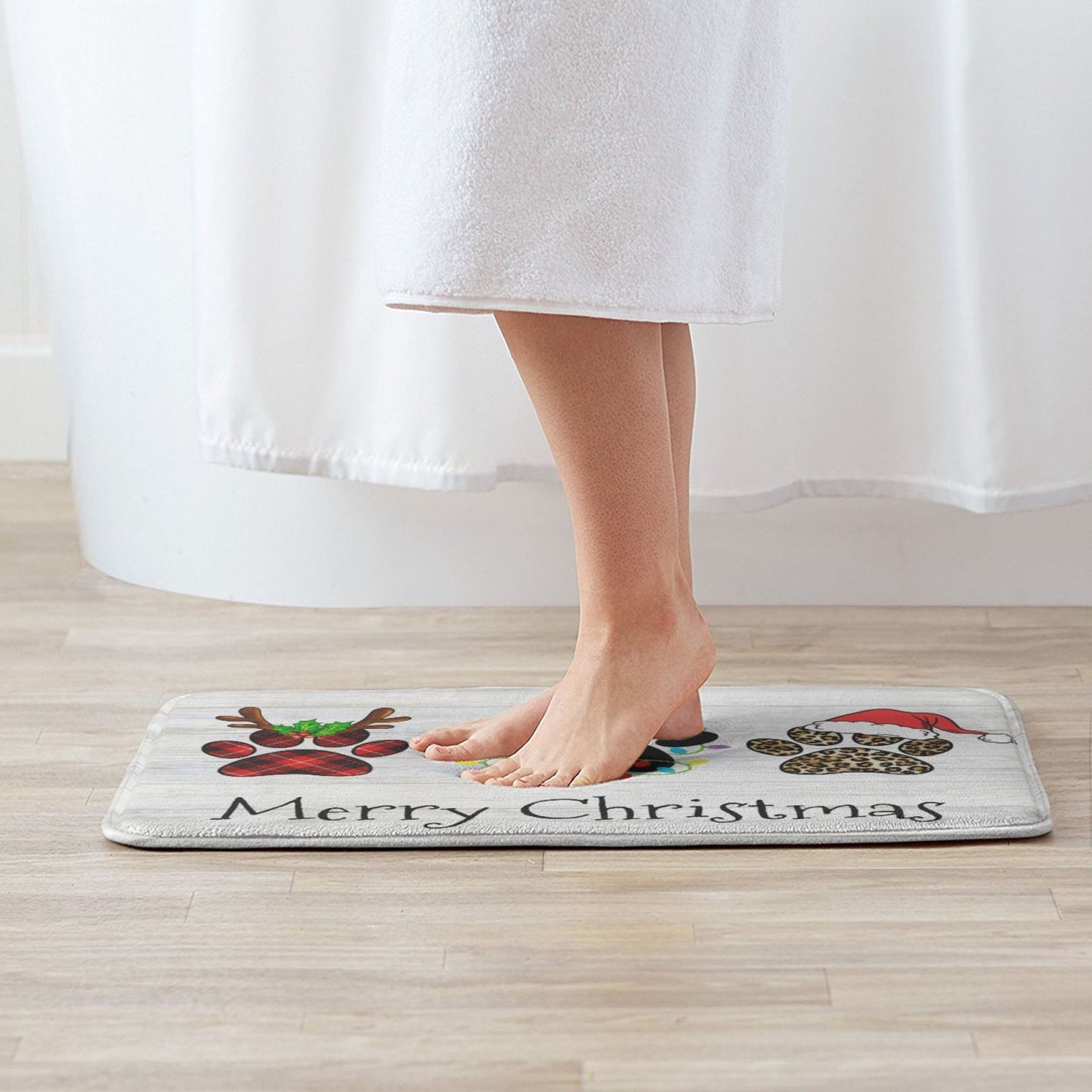 Christmas Floor Mat with Dog Paw, Antler, Santa Hat Design - Polyester, Non-Slip, Hand Wash, Indoor\u002FOutdoor Welcome Doormat for Holiday Decoration