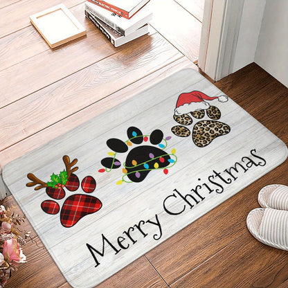 Christmas Floor Mat with Dog Paw, Antler, Santa Hat Design - Polyester, Non-Slip, Hand Wash, Indoor\u002FOutdoor Welcome Doormat for Holiday Decoration