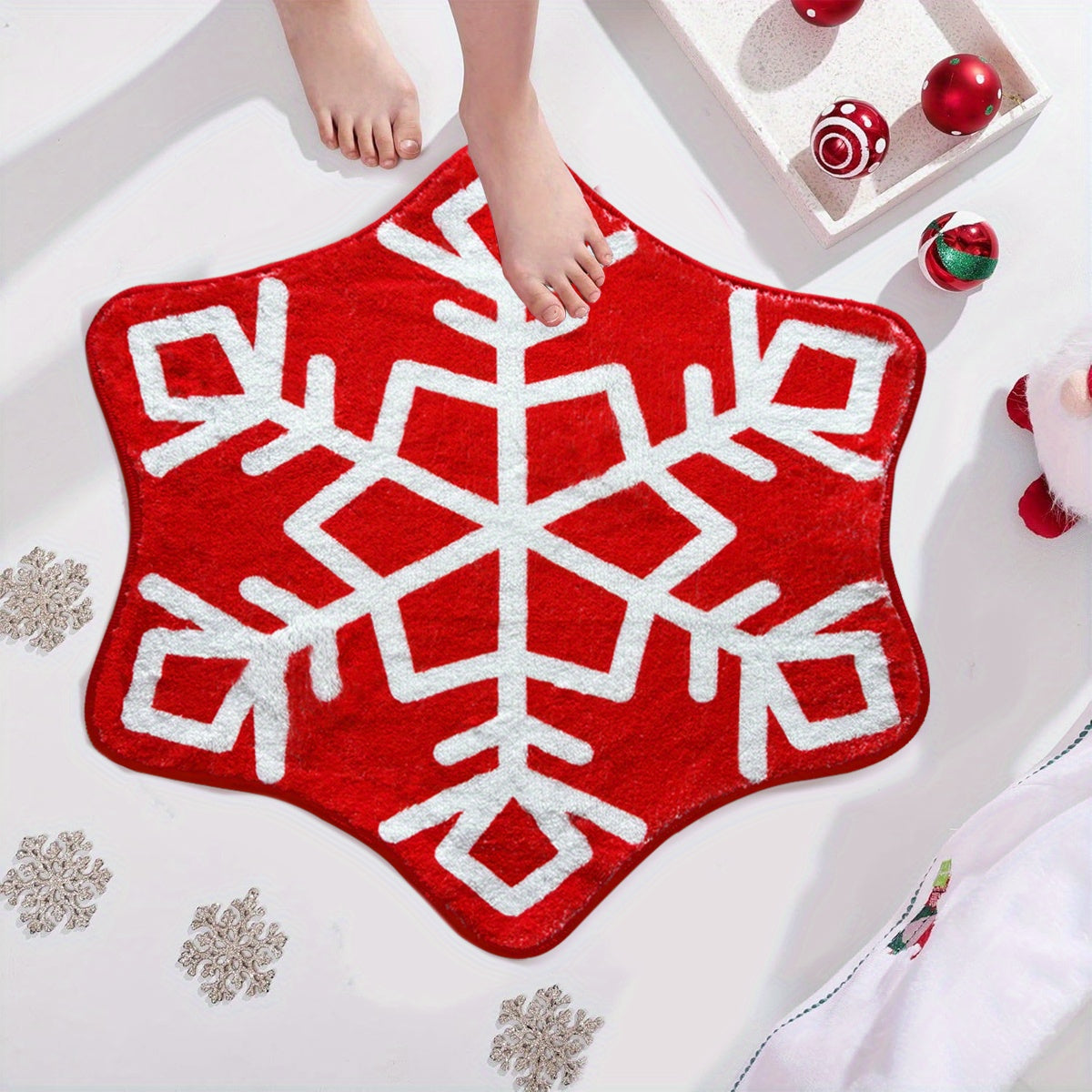 Christmas Snowflake Bathroom Rug Red Snowflake Welcome Non Slip Mat Washable Kitchen Tub Rug for Christmas New Year Party Holiday Home Decorations