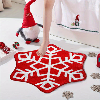 Christmas Snowflake Bathroom Rug Red Snowflake Welcome Non Slip Mat Washable Kitchen Tub Rug for Christmas New Year Party Holiday Home Decorations