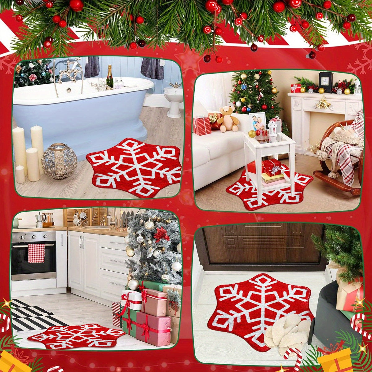 Christmas Snowflake Bathroom Rug Red Snowflake Welcome Non Slip Mat Washable Kitchen Tub Rug for Christmas New Year Party Holiday Home Decorations