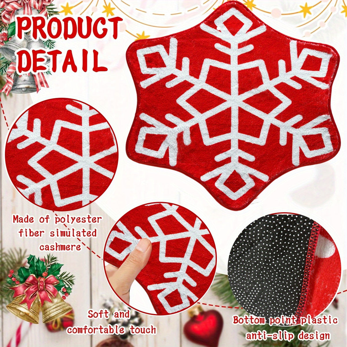 Christmas Snowflake Bathroom Rug Red Snowflake Welcome Non Slip Mat Washable Kitchen Tub Rug for Christmas New Year Party Holiday Home Decorations