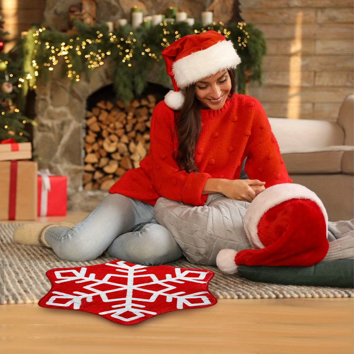 Christmas Snowflake Bathroom Rug Red Snowflake Welcome Non Slip Mat Washable Kitchen Tub Rug for Christmas New Year Party Holiday Home Decorations