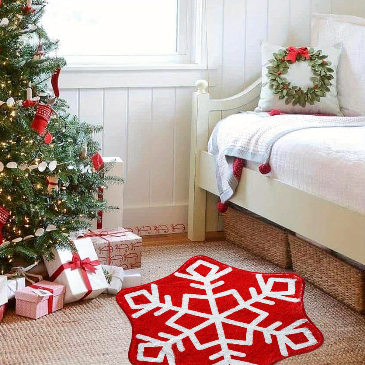 Christmas Snowflake Bathroom Rug Red Snowflake Welcome Non Slip Mat Washable Kitchen Tub Rug for Christmas New Year Party Holiday Home Decorations