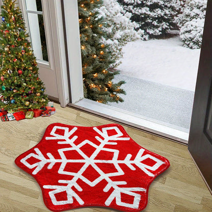 Christmas Snowflake Bathroom Rug Red Snowflake Welcome Non Slip Mat Washable Kitchen Tub Rug for Christmas New Year Party Holiday Home Decorations